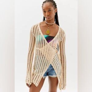 Urban Outfitters | Missy Open Knit Asymmetrical Cardigan New Small Ivory Beige
